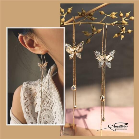 Long Gold Threader Tassel Earrings Dainty Rhinestone Butterfly Heart Drop Jewel - Picture 4 of 7